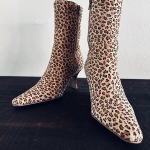 Gianni Bini Leopard Print Pointed Toe Mid-Calf Heeled Boots - Tan/Black/Rust